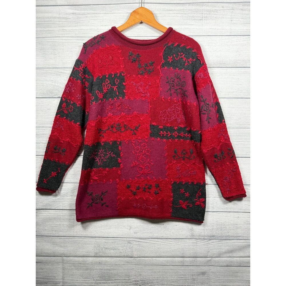 Vintage Jaclyn Smith Women's L Red Black Patchwork Embroidered Sweater 4395